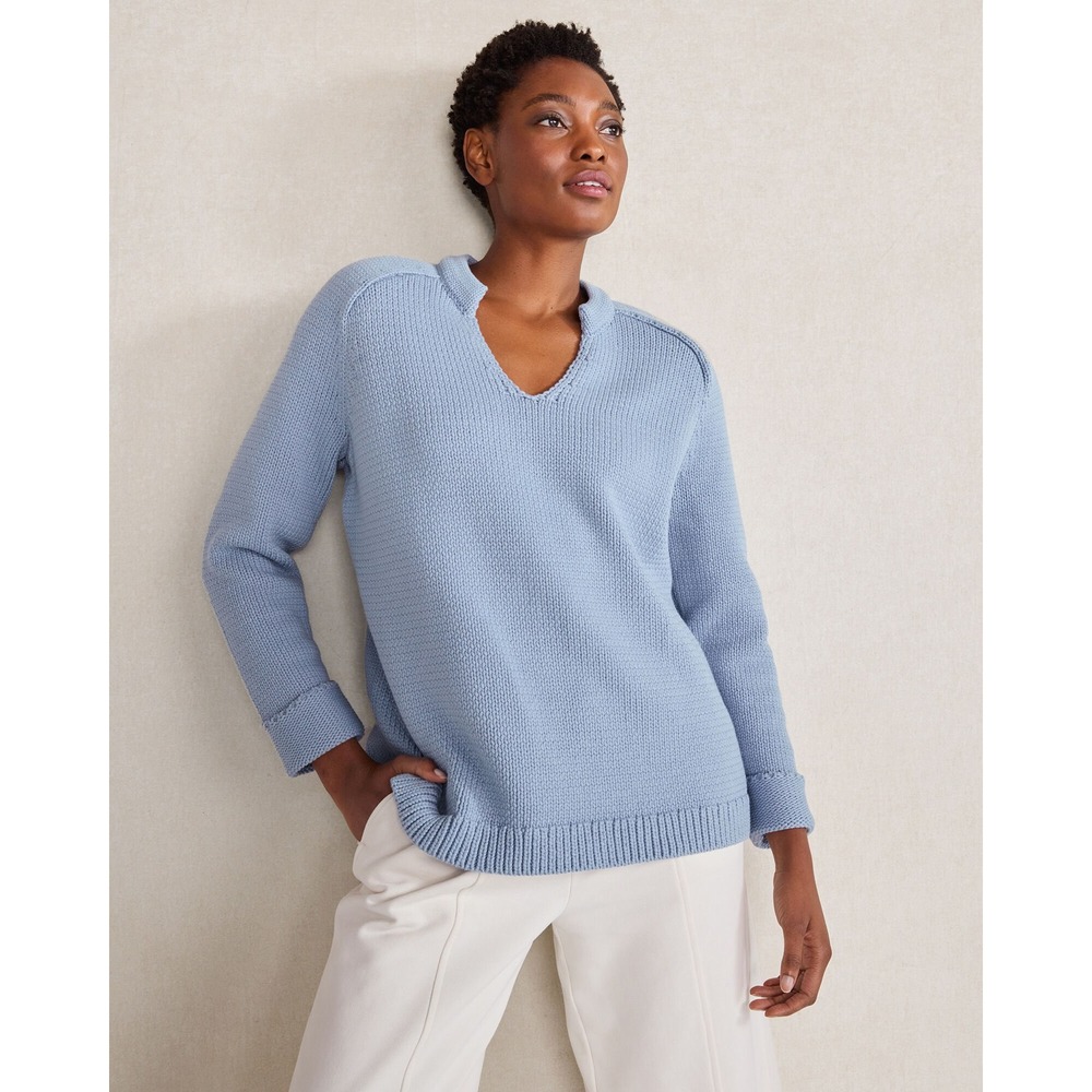 Haven Well Within Light Blue Notch V-Neck Organic Cotton Shaker Knit Sweater XXL